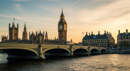 Naklejka premium London cityscape with clock tower and arched bridge over river at sunset
