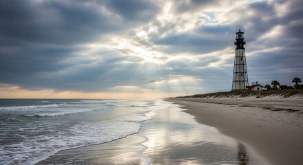 Fototapeta premium Lighthouse stands on beach, sunbeams piercing clouds over a peaceful seascape