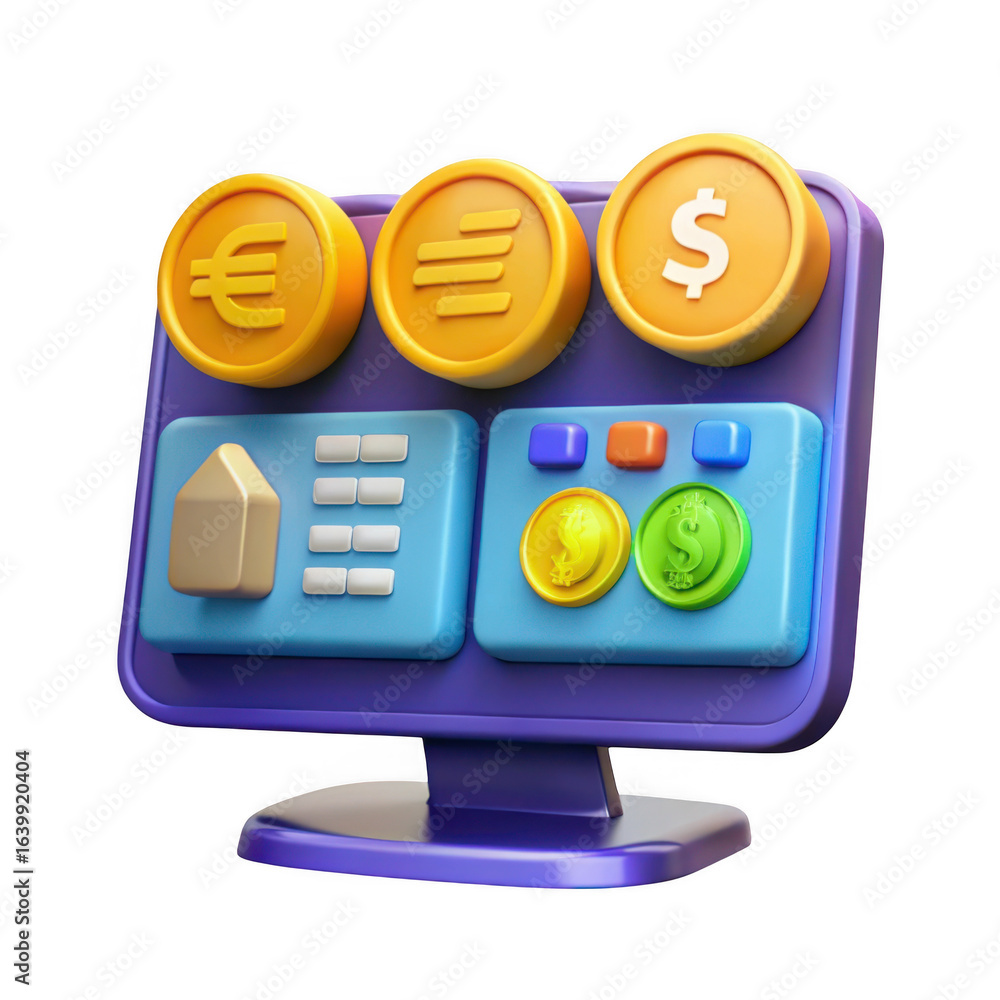 Poster 3d cartoon computer screen with coins and game elements isolated on transparent background