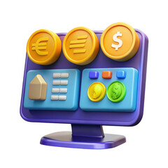 3d cartoon computer screen with coins and game elements isolated on transparent background