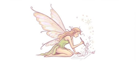 Naklejka premium Enchanting Fairy Creation: A whimsical illustration of a fairy, immersed in the act of writing or conjuring, adding a touch of magic and wonder.