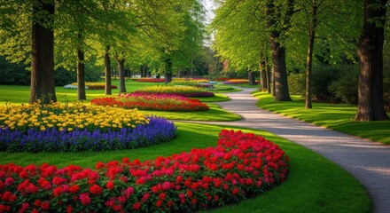 Obraz premium Lush garden path winding through vibrant flowerbeds under a canopy of trees