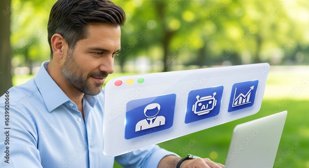 Poster businessman using laptop with ai and data analytics interface in a green park