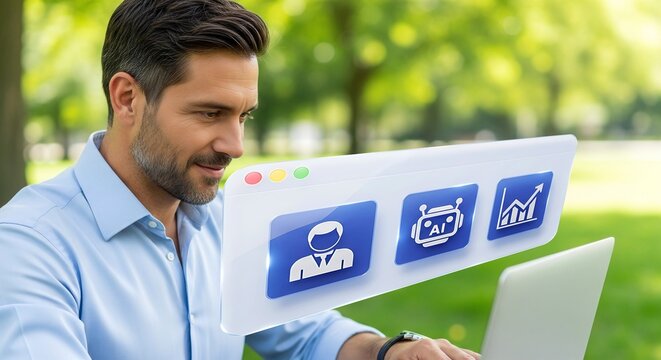 Businessman using laptop with AI and data analytics interface in a green park