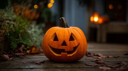 Smiling jack-o'-lantern sitting on porch for halloween celebration