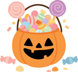 Fototapeta premium Cute vector pumpkin-shaped bucket overflowing with colorful candies and lollipops.