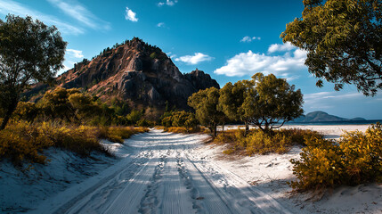 Sandy Path Through Coastal Landscape with Green Trees and Rugged Mountain Under Blue Sky