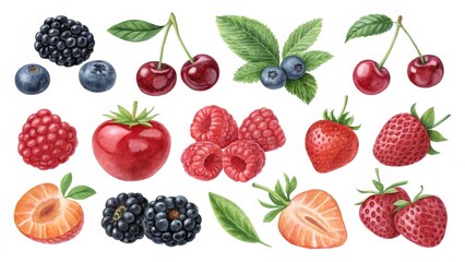 Watercolor Berries Illustration Strawberries, Cherries, Raspberries and More, Fruit , Food Art