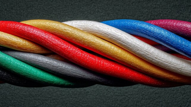 Colorful Electrical Cables Twisted Together, Close-up View, on Dark Textured Background