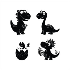 Four cartoon dinosaurs in black and white with different poses and characteristics shown clearly