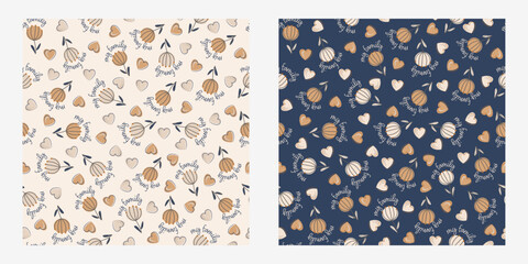 Seamless family pattern set with lettering in blue and beige color