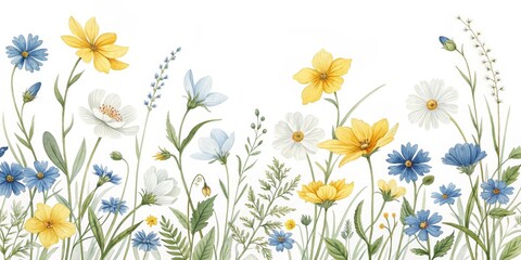 Watercolor Floral Meadow Yellow, Blue and White Wildflowers, Spring ,Botanical