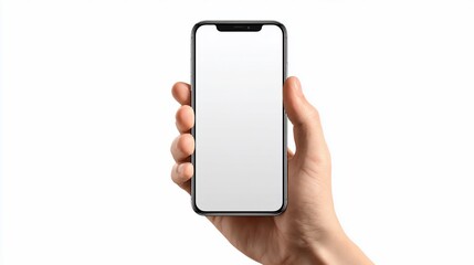 Hand holding smartphone with blank screen isolated on white background