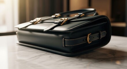 Luxurious leather bag with brass buckles sits elegantly on a marble surface