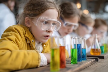 Group of young students conducting a chemical experiment in a school lab