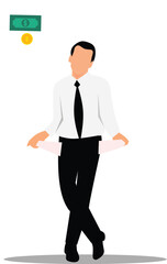 Illustration of a poor, unemployed businessman with no money, turning out his empty pockets. Concept of financial hardship and bankruptcy.