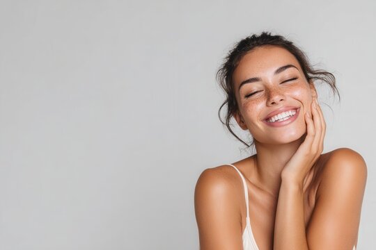 Happy acne prone model with a friend on grey background banner