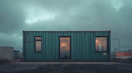 Obraz premium Shipping Container Home Exterior at Dusk with Dramatic Sky