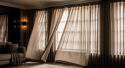 Interior of a room with light curtains flowing in the breeze from open windows