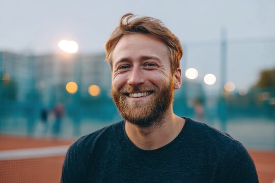Happy Caucasian man playing frontenis on an outdoor court