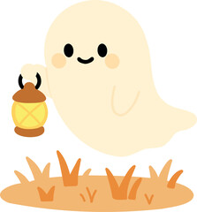 Cute ghost holding glowing lantern over autumn grass in pastel Halloween palette.