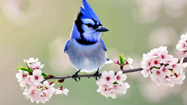 3D animated blue jay perched on cherry blossoms, feathers vibrant against soft petals.