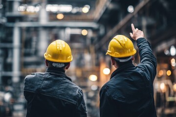 Rear view portrait of two engineers in hardhats discussing a project at a plant pointing upwards with space for text