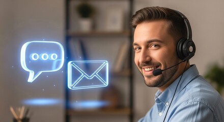 Smiling man in headset providing online customer service with glowing digital icons