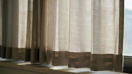 Beige Curtains with Brown Hem Draped Over a Window, Letting in Soft Natural Light