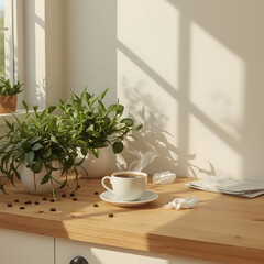 A hot smoky cup of coffee or tea on a wooden table near a window with soft morning light. Ai generated high resolution image with Minimalistic background Vibes.
