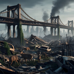Deer standing on the street of the post apocalyptic city full of destroyed buildings. end of the world and dystopia concept, abandoned town, wasteland ruins after the storm. Ai generated image.