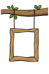 Cartoon funny photo frame. Old wood signboard Rope hanging with tree leaves transparent background. Weathered natural wood frame. Ai generated image with high resolution.
