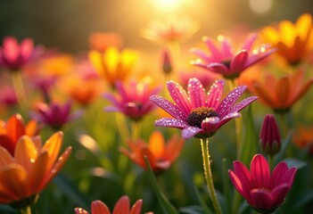 vibrant colorful flowers adorned raindrops glistening sunlight lush green foliage, petal, nature, garden, dew, leaf, bloom, wildflower, beauty, flora