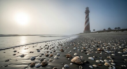 Misty beach with shells leading to a red & white striped lighthouse