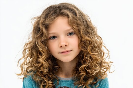 Image of a 9 year old girl with curly hair against a white background