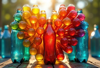 vibrant colorful plastic bottles arranged heart shape creative eco friendly art display symbolizing love environment, design, creativity, recycling, decor