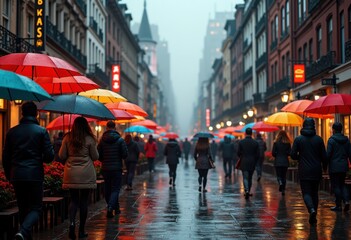 Fototapeta premium vibrant colorful umbrellas urban pavement under rainy sky busy city streets, reflection, drops, puddle, people, texture, shadows, hues, raindrop, colors