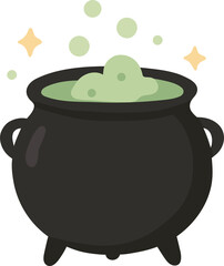 Flat vector of small black cauldron with green bubbling potion and sparkles. Pastel Halloween palette.
