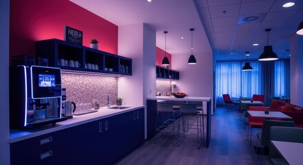 Office kitchen & lounge area with blue cabinets and pops of red in a modern design