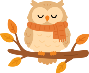 Vector owl with scarf sitting on autumn branch with leaves. Cozy seasonal feel.