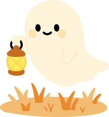 Cute ghost holding glowing lantern over autumn grass in pastel Halloween palette.