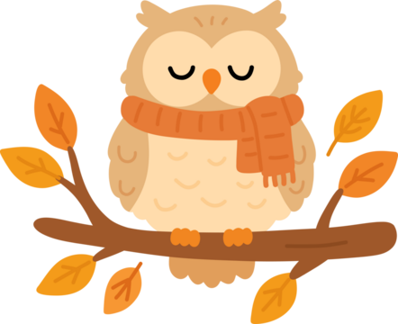 Vector owl with scarf sitting on autumn branch with leaves. Cozy seasonal feel.