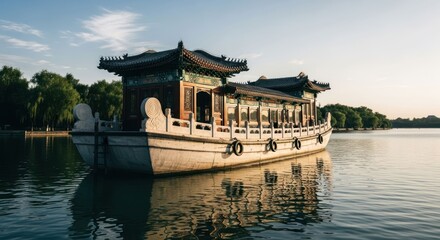 Fototapeta premium Ornate boat with pagoda-like roof reflects on still water, trees in the distance