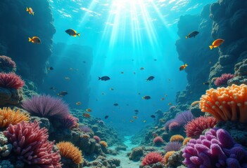 Naklejka premium vibrant coral reef underwater paradise colorful exotic fish swimming ocean life, fishing, marine, sea, tropical, species, school, aquatic, environment