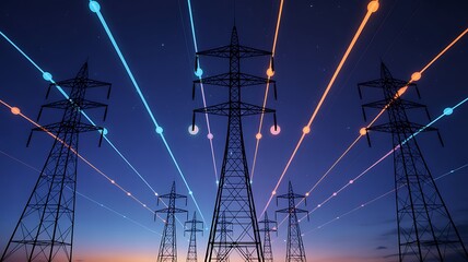 Power Lines and Energy Transmission Towers at Dusk with Digital Data Flowing Represents Modern Energy Infrastructure Solutions