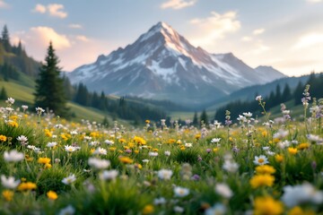 Fototapeta premium Vibrant mountain meadow with wildflowers blooms beneath a majestic snow-capped peak at sunrise.