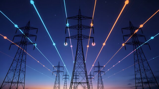 Power Lines and Energy Transmission Towers at Dusk with Digital Data Flowing Represents Modern Energy Infrastructure Solutions