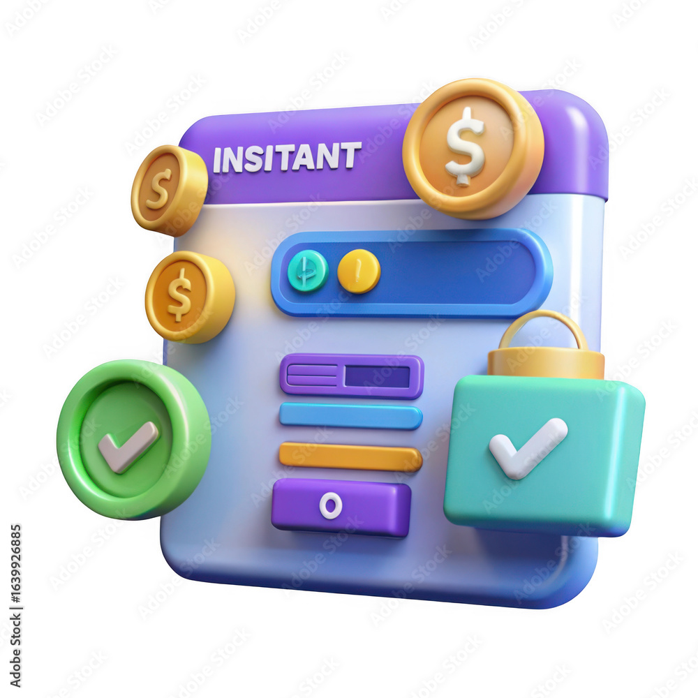 Aufkleber 3d illustration of a financial transaction interface with coins and checkmarks isolated on transpare