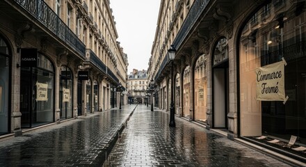 Fototapeta premium Quiet, empty European street with closed shops on a gray, rainy day