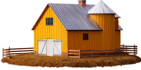 Yellow barn with silo and fence on hay